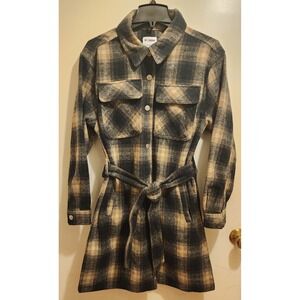 Cisono Plaid Shacket Dress Womens Medium Black Tan Belted Flannel Shirt Jacket